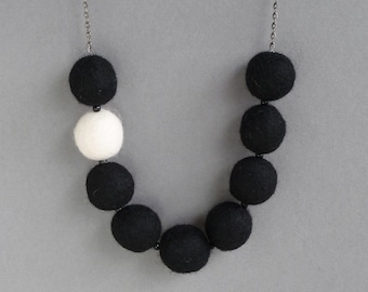 Chunky Black Felt Necklace - Monochrome Felted Bead Necklaces - Jet Black and White Statement Jewellery - Fun Colourful Gifts for Women