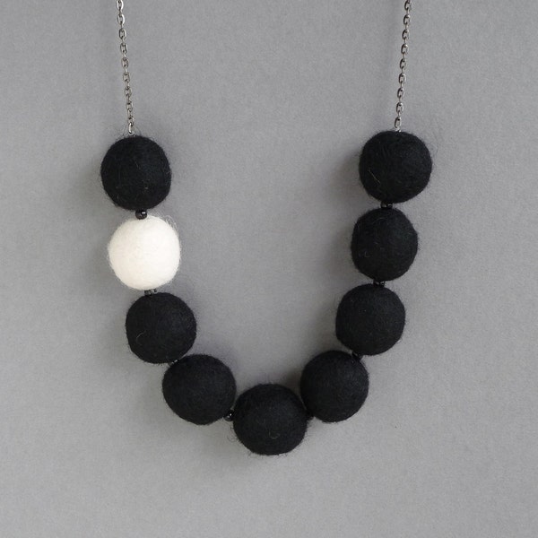 Chunky Black Felt Necklace - Monochrome Felted Bead Necklaces - Jet Black and White Statement Jewellery - Fun Colourful Gifts for Women