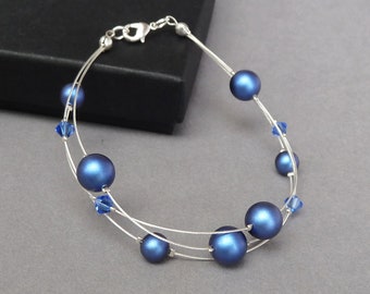 Royal Blue Floating Pearl and Crystal Bracelet - Navy Multi-strand Bracelets - Dark Blue Gifts for Women - Three Strand Wedding Jewellery