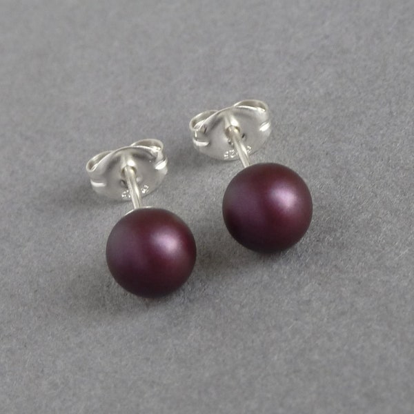 Round Elderberry Swarovski Pearl Stud Earrings - Small 6mm Plum Coloured Ball Studs - Aubergine Post Earrings for Women - Wedding Jewellery