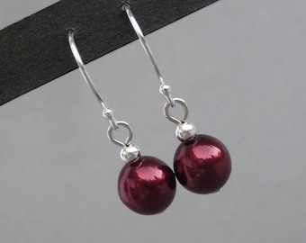 Simple Burgundy Dangle/Drop Earrings - Dark Red Bridesmaids Gifts - Claret Jewellery for Everyday - Garnet Pearl Mother of the Bride/Groom