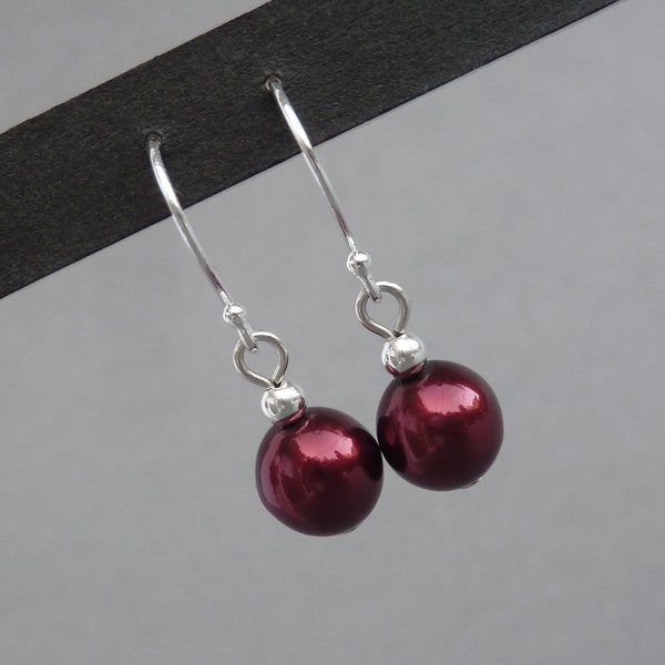 Simple Burgundy Dangle/Drop Earrings - Dark Red Bridesmaids Gifts - Claret Jewellery for Everyday - Garnet Pearl Mother of the Bride/Groom