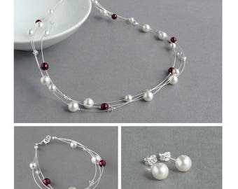 White and Burgundy Floating Pearl Jewellery Set - Ivory and Claret Bridesmaids Gifts - Wedding Multi-strand Necklace, Bracelet and Earrings