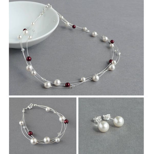 Conjunto de joyas de perlas flotantes blancas y burdeos - Regalos de damas de honor de marfil y clarete - Collar, pulsera y pendientes de varias hebras de boda