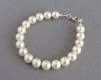 Cream Pearl Bridal Bracelet - Single Strand Bridesmaids Bracelets for Women - Simple Ivory Wedding Jewelry - Mother of the Bride/Groom Gifts