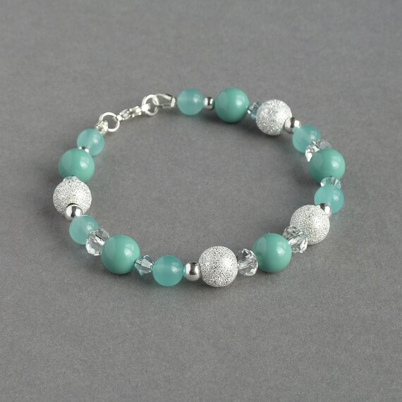 Silver stardust mint green teal pearls beaded wedding bridesmaid bridal bracelet