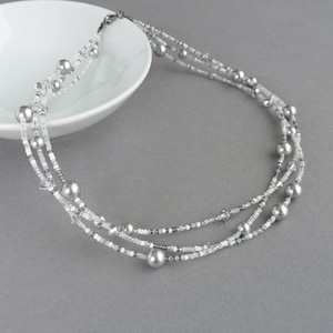 Silver Grey Multi-strand Necklace - Light Grey Beaded Necklaces - Twisted Pearl and Crystal Jewellery for Women - Pale Gray 3 Strand Gifts
