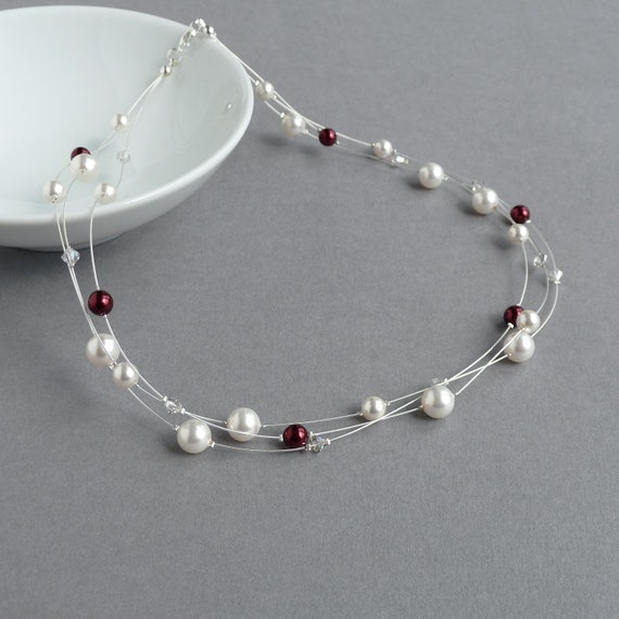 White and Burgundy Floating Pearl Necklace Ivory and Dark Red