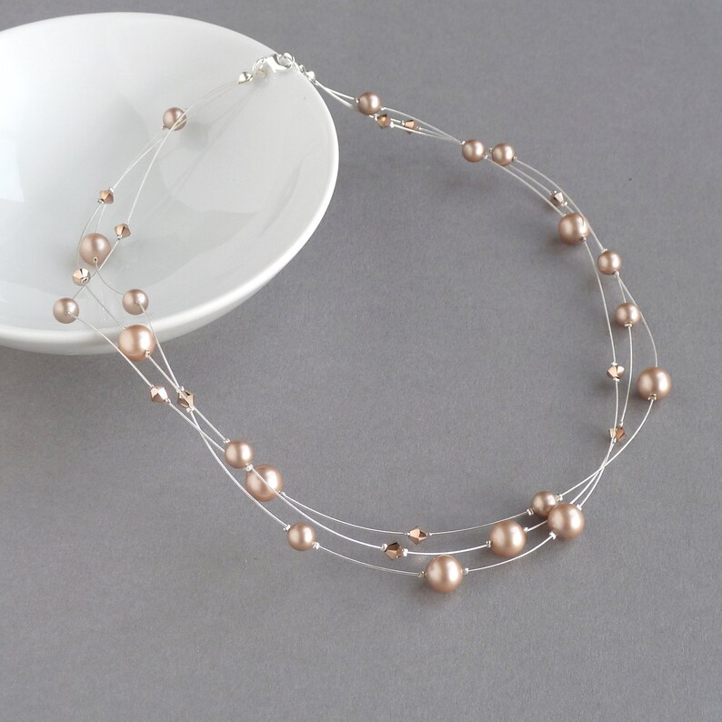 Rose Gold Floating Pearl Jewellery Set Illusion Necklace Etsy UK