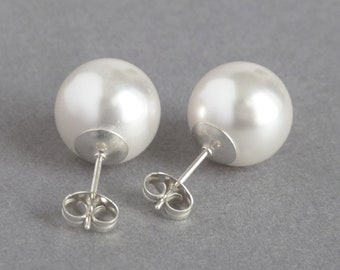 Pendientes de perlas Swarovski blancas gruesas de 12 mm - Pendientes grandes blancos para uso diario - Joyería nupcial sencilla - Grandes accesorios de boda para mujer