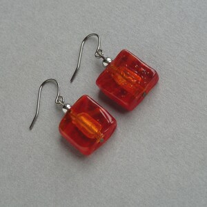 Bright Red Fused Glass Dangle Earrings Flame Red Square Drop Earrings Colourful, Everyday Jewellery for Women Scarlet Gifts for Her image 2