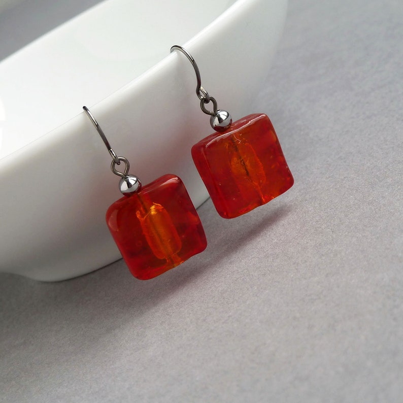 Bright Red Fused Glass Dangle Earrings Flame Red Square Drop Earrings Colourful, Everyday Jewellery for Women Scarlet Gifts for Her image 4