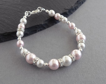 Blush Pink Pearl Bracelet - Light Pink and White Bridesmaid Bracelets - Pale Baby Pink Wedding Party Gifts - Baby Pink Bridal Jewellery