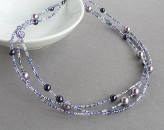 Purple Multi-strand Pearl Necklace - Lilac 3 Strand Braided Necklaces - Twisted Lavender Pearl Wedding Jewellery - Violet Gifts for Women