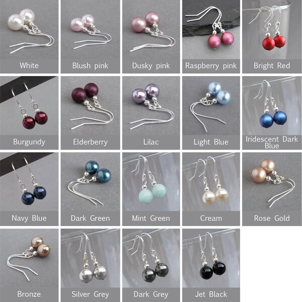 Boucles d'oreilles pendantes simples en perles de verre - Choisissez la couleur de vos boucles d'oreilles pendantes avec perles de 8 mm - Cadeaux bijoux de mariage en perles colorées pour femme/elle