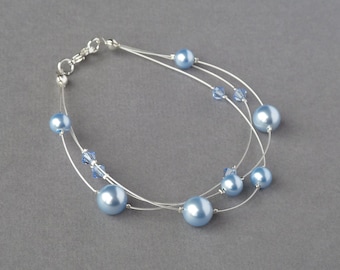 Pale Blue Floating Pearl Bracelet - Powder Blue Bridesmaids Jewellery - Multi-strand Bracelets - Bridal Party Gifts - Light Blue Wedding