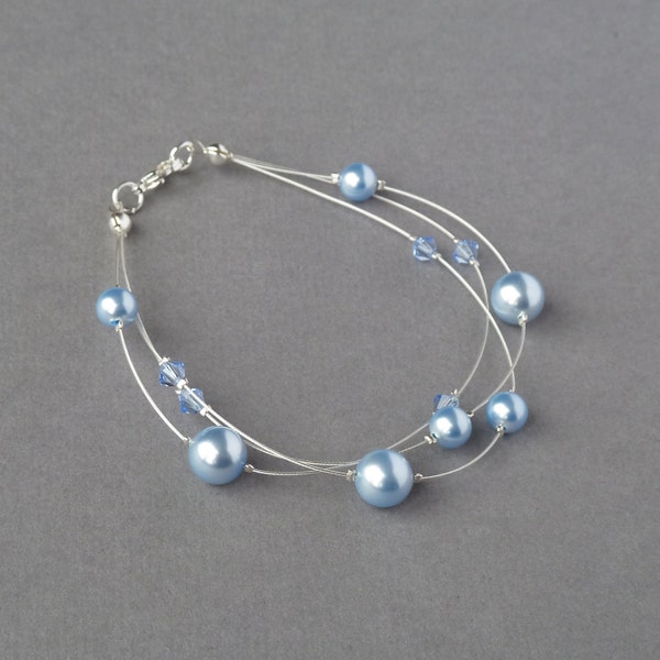 Pale Blue Floating Pearl Bracelet - Powder Blue Bridesmaids Jewellery - Multi-strand Bracelets - Bridal Party Gifts - Light Blue Wedding