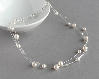 White Floating Pearl Necklace - Multi-strand Illusion Necklaces - Pearl and Crystal Wedding Jewelry for Brides/Bridal Party/Bridesmaid Gifts
