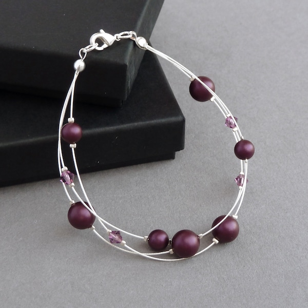 Plum Floating Pearl Bracelet - Aubergine Bridesmaids Jewellery - Purple Multi-strand Bracelets - Wedding / Bridal Party Gifts for Women