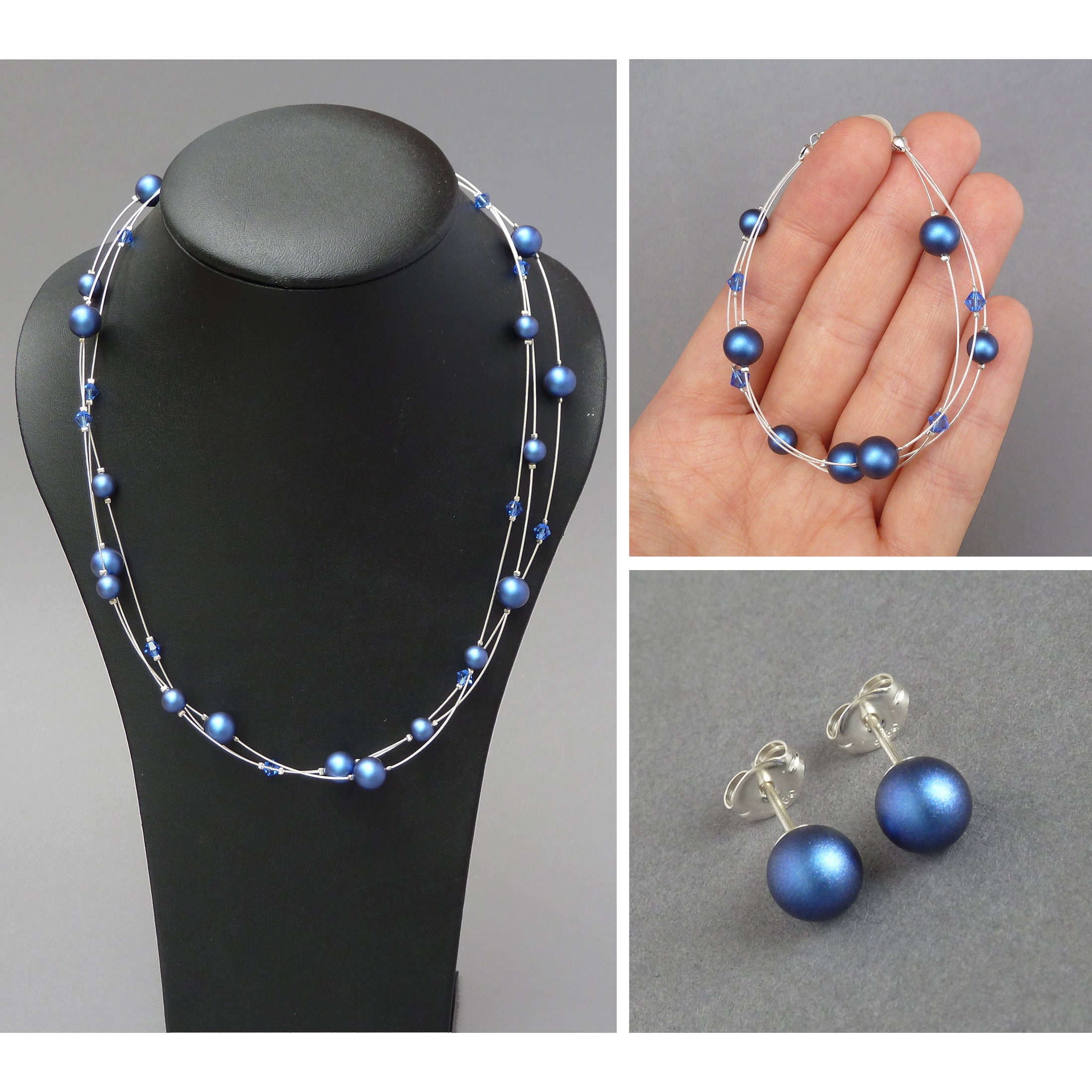 Amazon.com: Jessica Luu Jewelry Sterling Silver 12mm Navy Blue Pearl  Solitaire Necklace Optional Earrings Handmade : Handmade Products