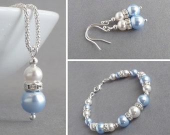 Light Blue Pearl and Crystal Jewellery Set - Baby Blue Bridesmaid Jewelry - Pale Blue Bridal Party Gift - Necklace, Bracelet and Earrings