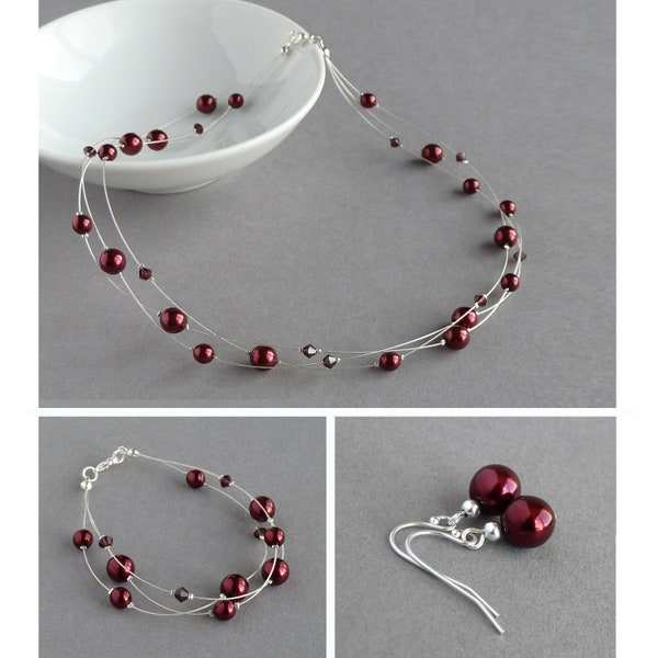 Burgundy Floating Pearl Jewellery Set - Dark Red Multi-strand Necklace, Bracelet and Drop Earrings - Bridesmaids Gifts - Wedding Jewellery