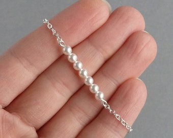 White Pearl Bar Bridal Bracelet - Delicate Sterling Silver Chain Bracelets - White Swarovski Pearl Bridesmaid Gifts - Wedding Jewellery