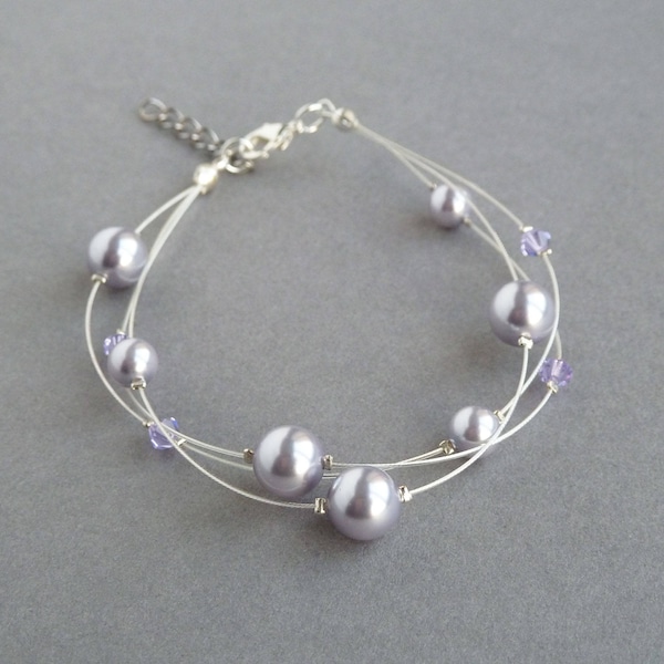 Lavender Floating Pearl Bracelet - Light Lilac Multi Strand Bracelet - Pastel Purple Bridesmaid Jewellery - Bridal/Wedding Party Gifts