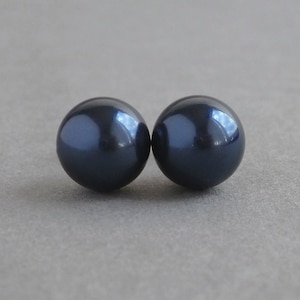 10mm Navy Pearl Studs - Large Dark Blue Stud Earrings - Midnight Blue Swarovski Glass Pearl Bridesmaid Jewelry - Simple Chunky Post Earrings