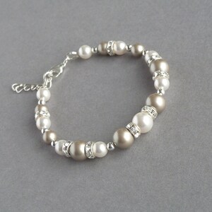 Champagne Pearl and Crystal Bracelet - Taupe and White Pearl Bracelets - Beige Bridesmaid/Wedding Jewellery - Platinum Bridal Party Gifts