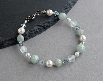 Sage Green Beaded Bracelet - Mint and White Pearl Single Strand Bracelets - Dusty Green Jewellery for Women - Duck Egg Blue Wedding Gifts