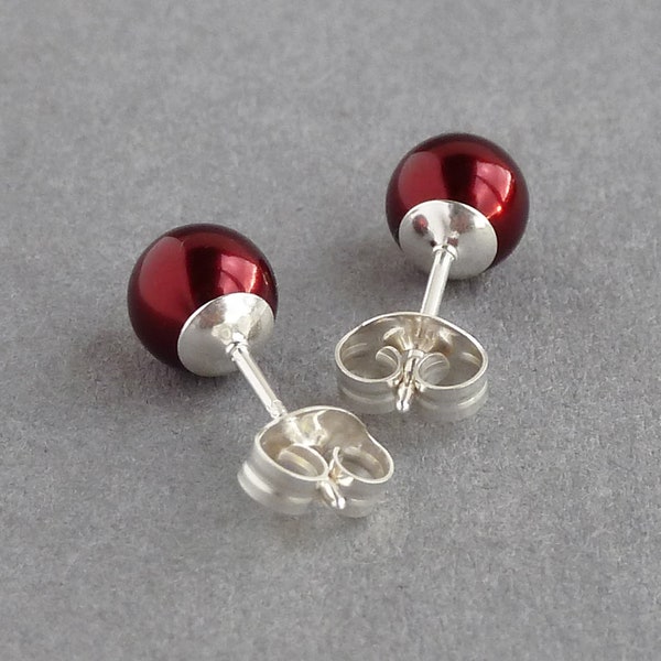 6mm Burgundy Pearl Stud Earrings - Small, Round Dark Red Coloured Glass Pearl Studs - Claret Jewellery Gifts for Women - Sterling Silver