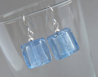 Pale Blue Earrings - Square, Fused Glass, Baby Blue, Dangly Earrings - Cornflower Blue Drop Earrings