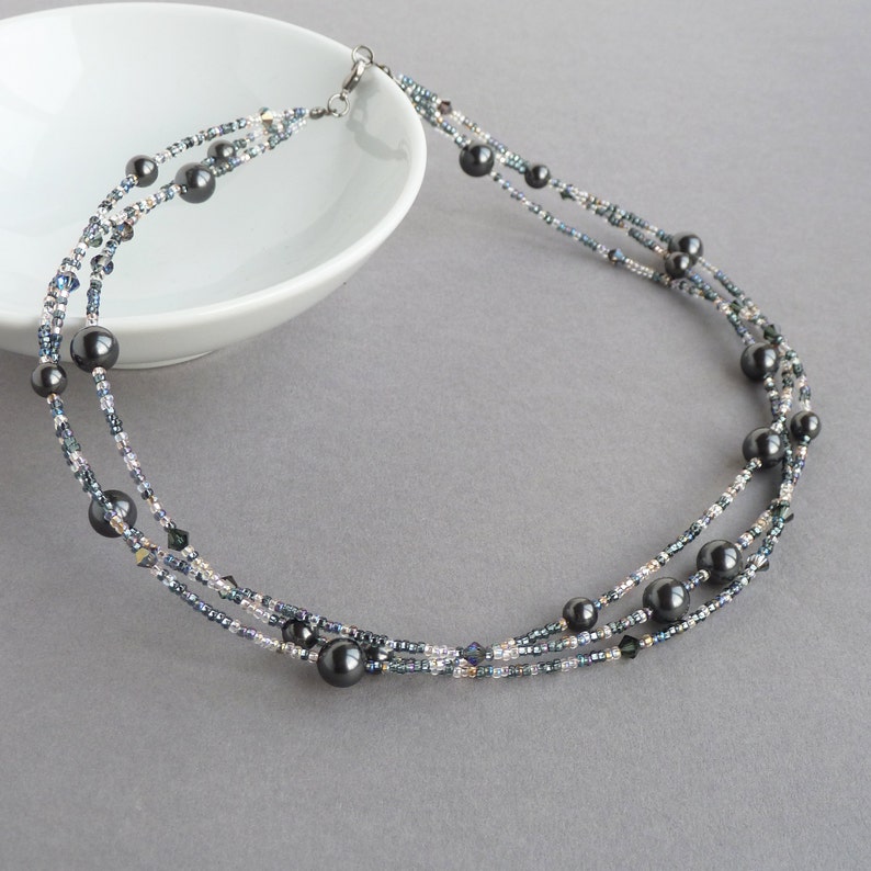 Dark Grey Pearl Necklace Charcoal Multistrand Necklaces Etsy
