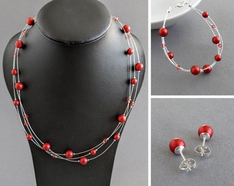 Bright Red Floating Pearl Jewellery Set - Christmas Red Multi-strand Necklace, Bracelet and Earrings - Bridesmaids Gifts - Scarlet Wedding
