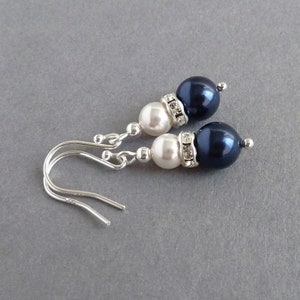 Navy Pearl and Crystal Earrings - Midnight Blue Bridesmaid Jewelry - Dark Blue and White Drop Earrings - Navy Blue Bridal Party Gifts