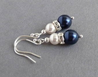 Navy Pearl and Crystal Earrings - Midnight Blue Bridesmaid Jewelry - Dark Blue and White Drop Earrings - Navy Blue Bridal Party Gifts