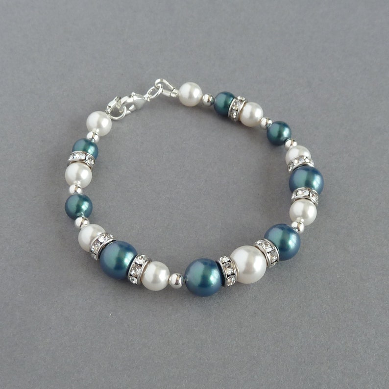 Bracelet and Earrings Dark green Pearl Jewellery Set Teal Pearl and Crystal Jewelry Wedding Jewellery Aquamarine and White Necklace