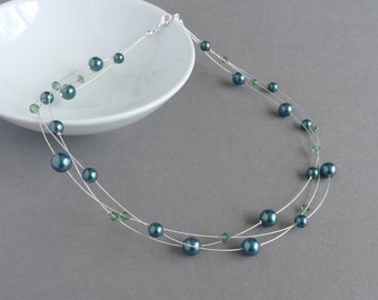 Dark Hunter Green Floating Pearl Necklace - Peacock Multi Strand Jewellery - Petrol Green Bridesmaids / Bridal Party Gifts - Emerald/Teal