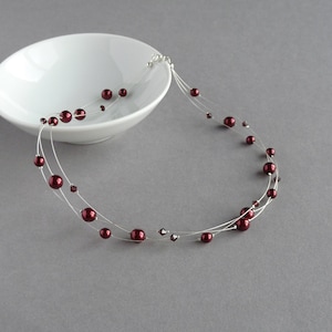 Burgundy Floating Pearl Necklace - Claret Multi-strand Necklaces - Dark Red Bridesmaid Jewellery - Garnet Pearl Wedding/Bridal Party Gifts