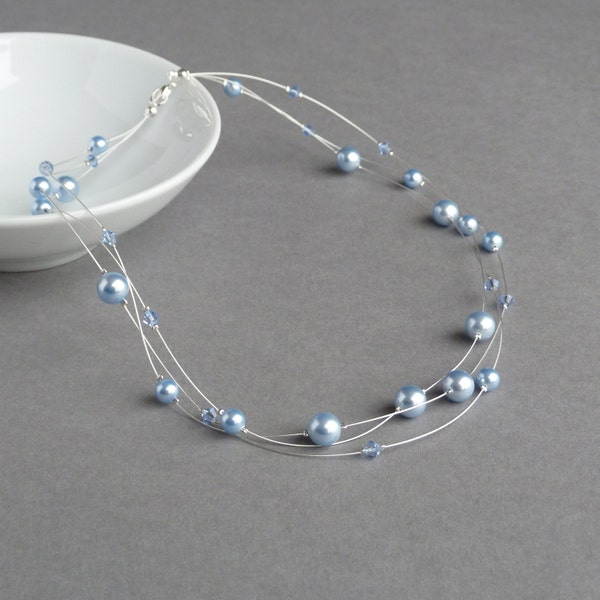 Pale Blue Floating Pearl Necklace - Powder Blue Multi-strand Bridesmaid Jewellery - Light Sky Blue Wedding - Pastel Blue Bridal Party Gifts