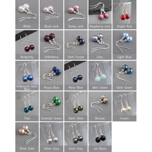 Boucles d'oreilles pendantes simples en perles de verre - Choisissez la couleur de vos boucles d'oreilles pendantes avec perles de 8 mm - Cadeaux bijoux de mariage en perles colorées pour femme/elle
