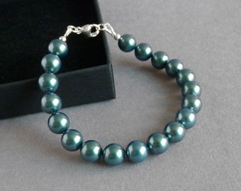 Bracelet de perles simple brin vert foncé - Cadeaux simples pour demoiselles d'honneur bleu sarcelle - Bracelets de mariage émeraude - Bijoux pour la mère de la mariée/du marié