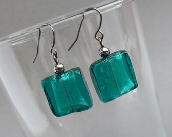 Teal Fused Glass Drop Earrings - Petrol Blue Square Dangly Earrings - Aquamarine Lampwork Bead Jewellery - Peacock Green Gifts - Jade Green