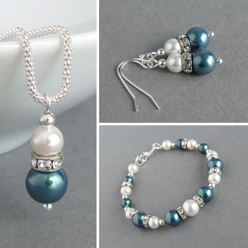 Bracelet and Earrings Dark green Pearl Jewellery Set Teal Pearl and Crystal Jewelry Wedding Jewellery Aquamarine and White Necklace