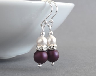 Plum Pearl Teardrop Dangle Earrings - Aubergine & White Bridal Party Gifts - Eggplant Wedding Jewellery for Women - Dark Purple Bridesmaids