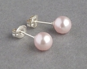 6mm Blush Pink Stud Earrings - Small Pale Pink Swarovski Pearl Ball Studs - Light Pink Jewelry - Gifts for Bridesmaids/Flower Girl/Women