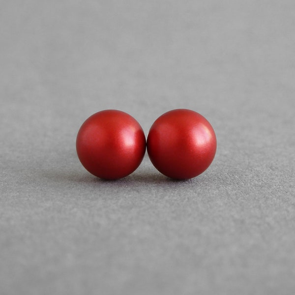 8mm Bright Red Pearl Stud Earrings - Scarlet, Round, Coloured Glass Pearl Studs - Christmas Red Jewellery - Iridescent Rouge Gifts for Her