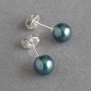 Dark Green Pearl Stud Earrings - Small Round 6mm Emerald Swarovski Pearl Studs - Peacock Green Jewellery for Women - Teal Bridesmaids Gifts