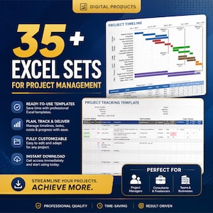 Op de afbeelding: Een digitaal productpakket met meer dan 35 Excel-sets voor projectmanagement. De afbeelding toont een projecttijdlijngrafiek en een projectvolgsjabloon met kolommen voor status, taken, resultaten en kosten, samen met tekst die de sjablonen promoot.